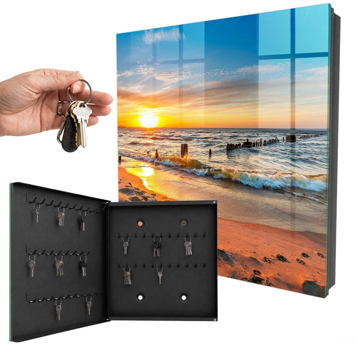 WallMuralia - Sleutelkast - 30x30x5 cm - met 50 haken - Zonsondergang Sleutelkastje Design - Geel Sleutelbox - Linksopenend - Zwart interieur