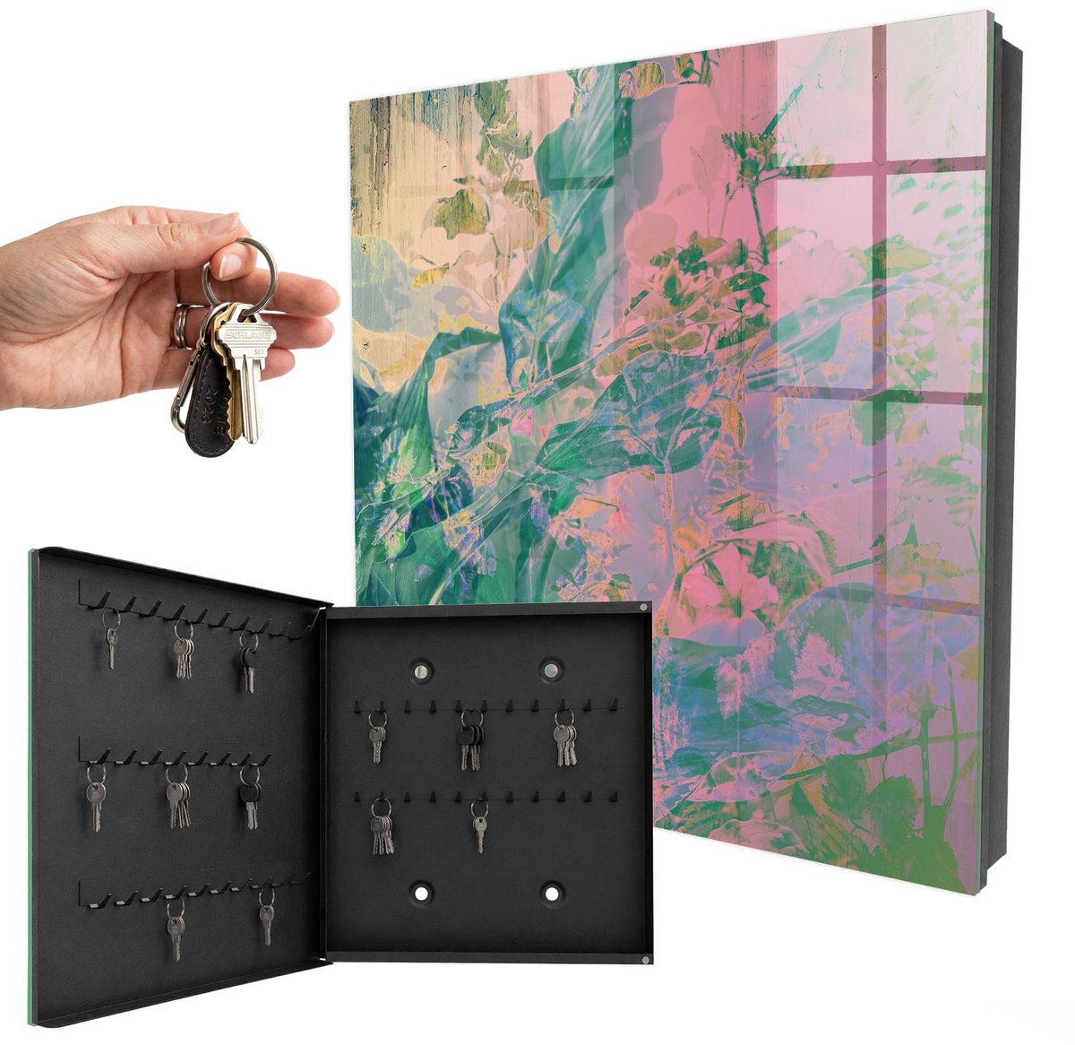 WallMuralia - Sleutelkast - 30x30x5 cm - met 50 haken - Plantenabstractie Sleutelkastje Voor Binnen - Groente Sleutelbox - Linksopenend - Zwart interieur