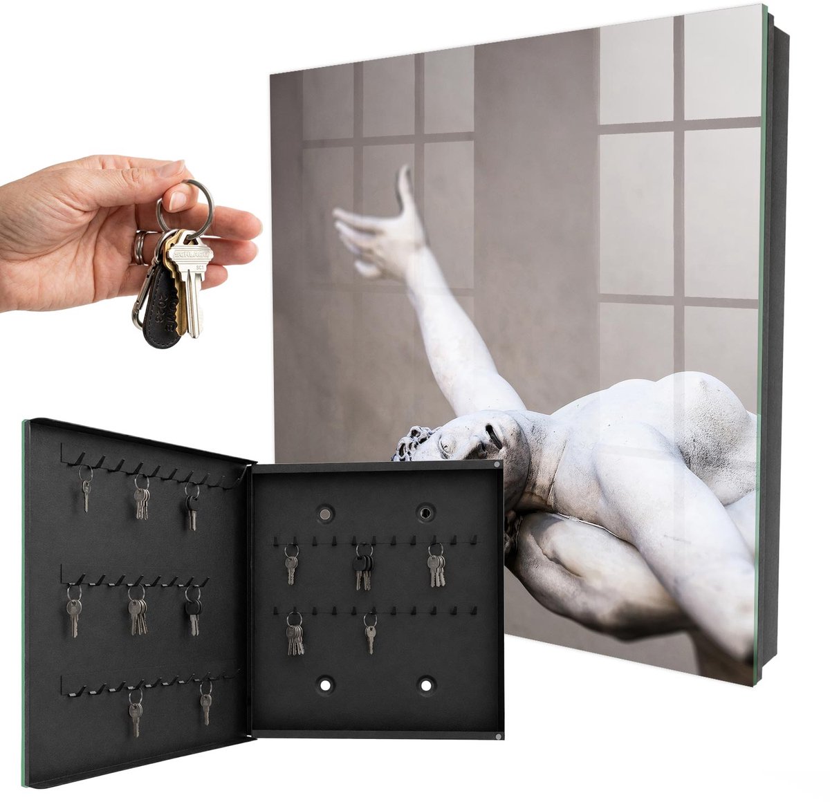 WallMuralia - Sleutelkast - 30x30x5 cm - met 50 haken - Klassieke Sculptuur Groot Sleutelkastje - Grijs Sleutelbox - Linksopenend - Zwart interieur