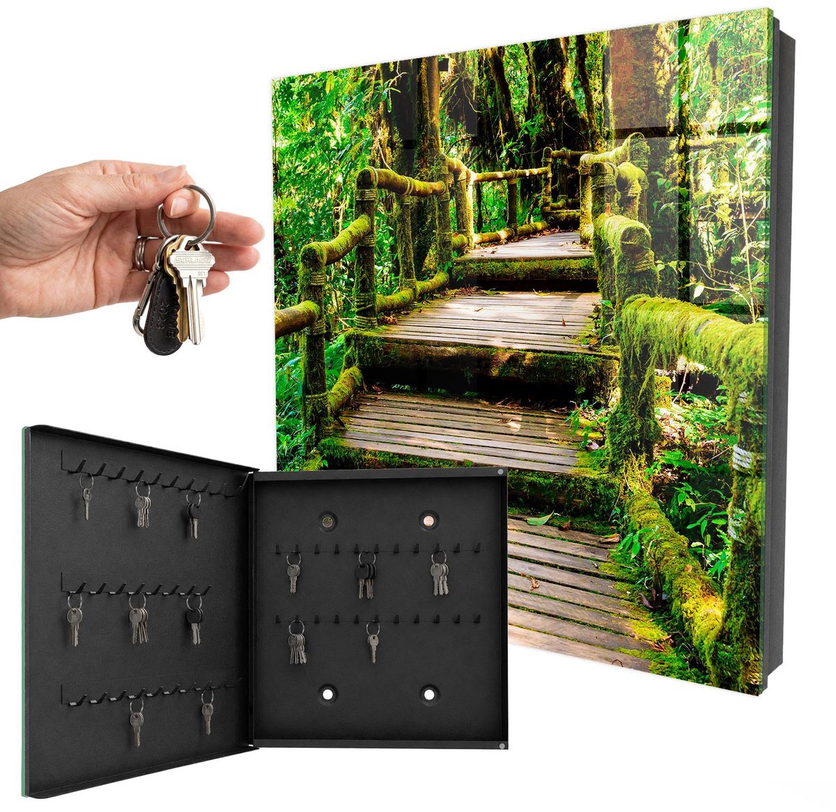 WallMuralia - Sleutelkast - 30x30x5 cm - met 50 haken - Bosbrug Sleutelkastje Modern - Groente Sleutelbox - Linksopenend - Zwart interieur