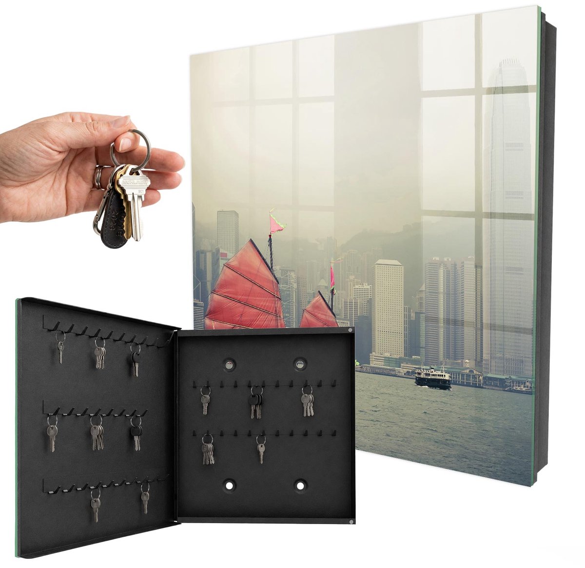 WallMuralia - Sleutelkast - 30x30x5 cm - met 50 haken - Nostalgie Naar De Stad Sleutelkastje Klein - Grijs Sleutelbox - Linksopenend - Zwart interieur