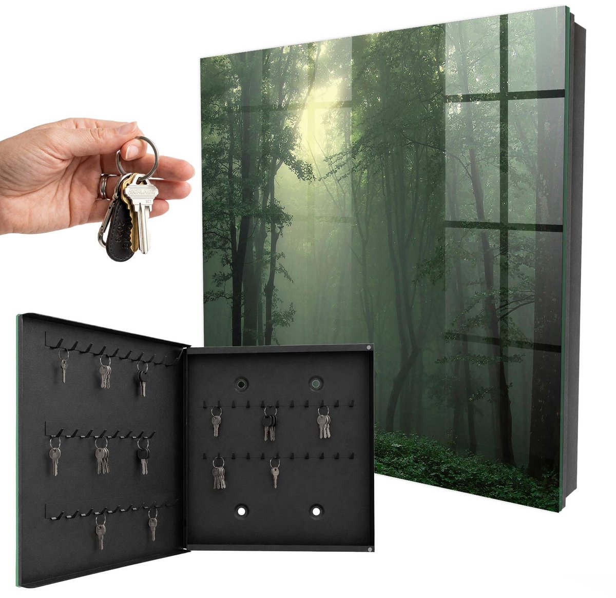 WallMuralia - Sleutelkast - 30x30x5 cm - met 50 haken - Bosmist Sleutelkastje Binnen - Groente Sleutelbox - Linksopenend - Zwart interieur
