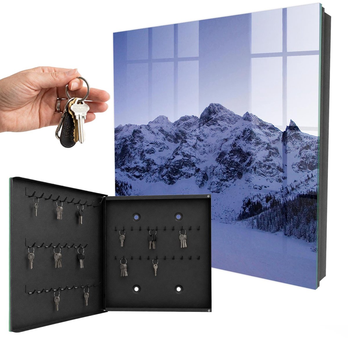 WallMuralia - Sleutelkast - 30x30x5 cm - met 50 haken - Winterse Majesteit Sleutelkastje Klein - Wit Sleutelbox - Linksopenend - Zwart interieur
