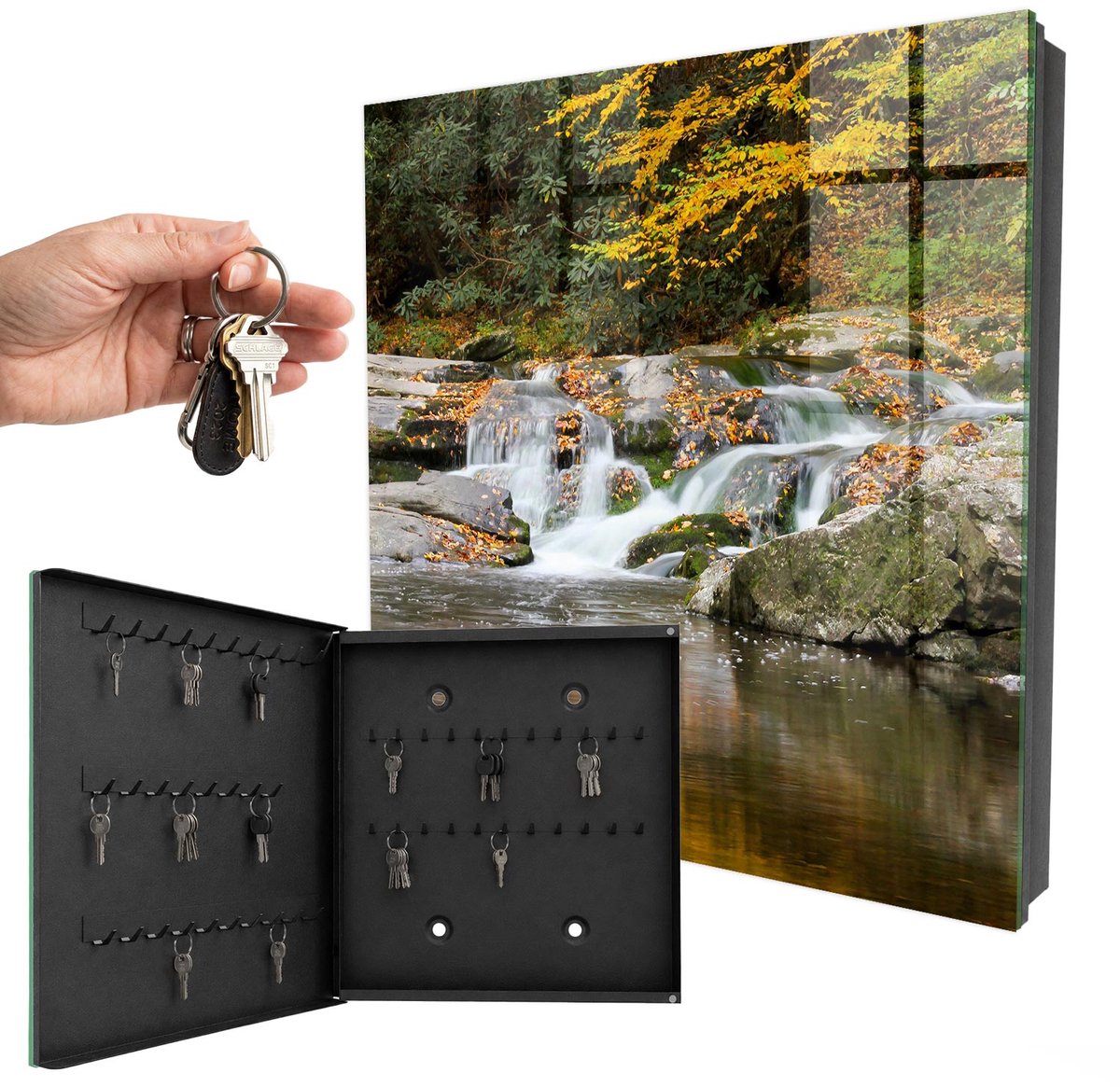 WallMuralia - Sleutelkast - 30x30x5 cm - met 50 haken - Herfstverfrissing Sleutelkastje Modern - Geel Sleutelbox - Linksopenend - Zwart interieur