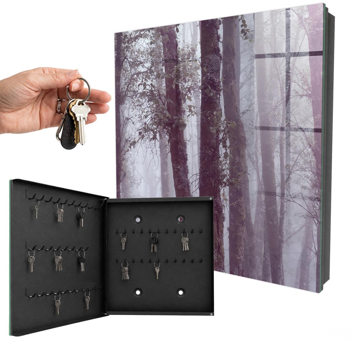 WallMuralia - Sleutelkast - 30x30x5 cm - met 50 haken - Mistbos Sleutelkastje Design - Grijs Sleutelbox - Linksopenend - Zwart interieur