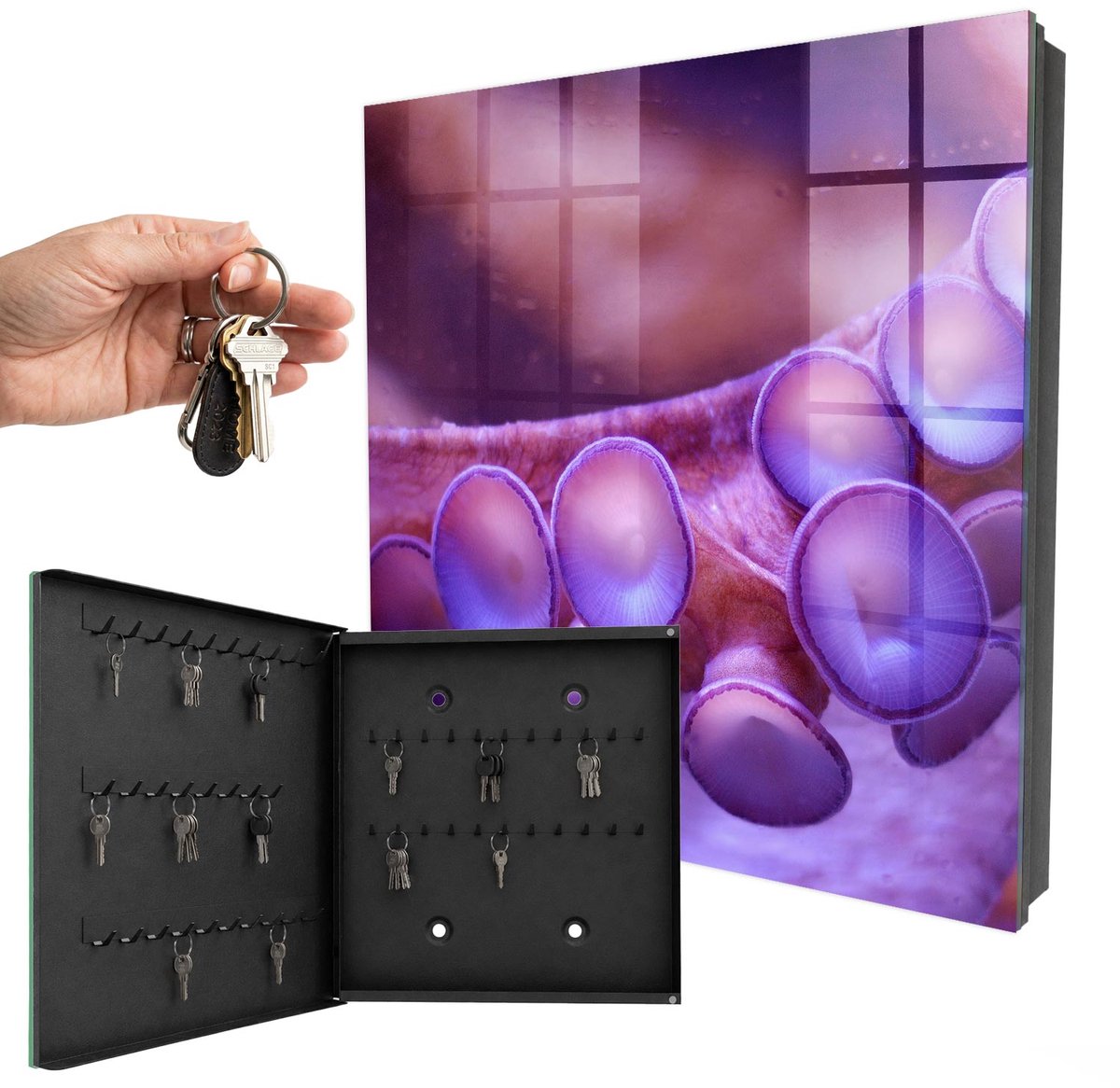 WallMuralia - Sleutelkast - 30x30x5 cm - met 50 haken - Harmonie Onder Water Sleutelkastje Binnen - Paars Sleutelbox - Linksopenend - Zwart interieur