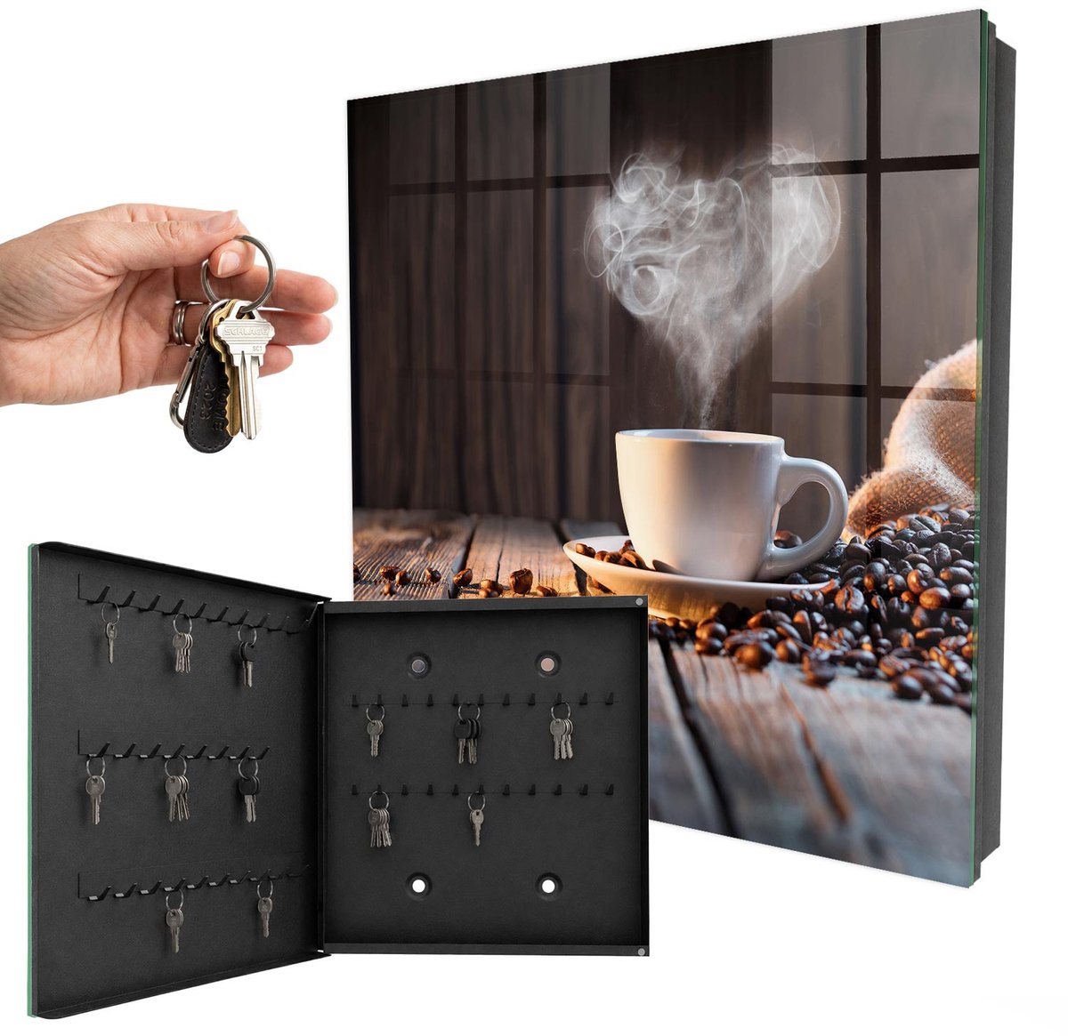 WallMuralia - Sleutelkast - 30x30x5 cm - met 50 haken - Koffiehart Sleutelkastje Binnen - Bruin Sleutelbox - Linksopenend - Zwart interieur