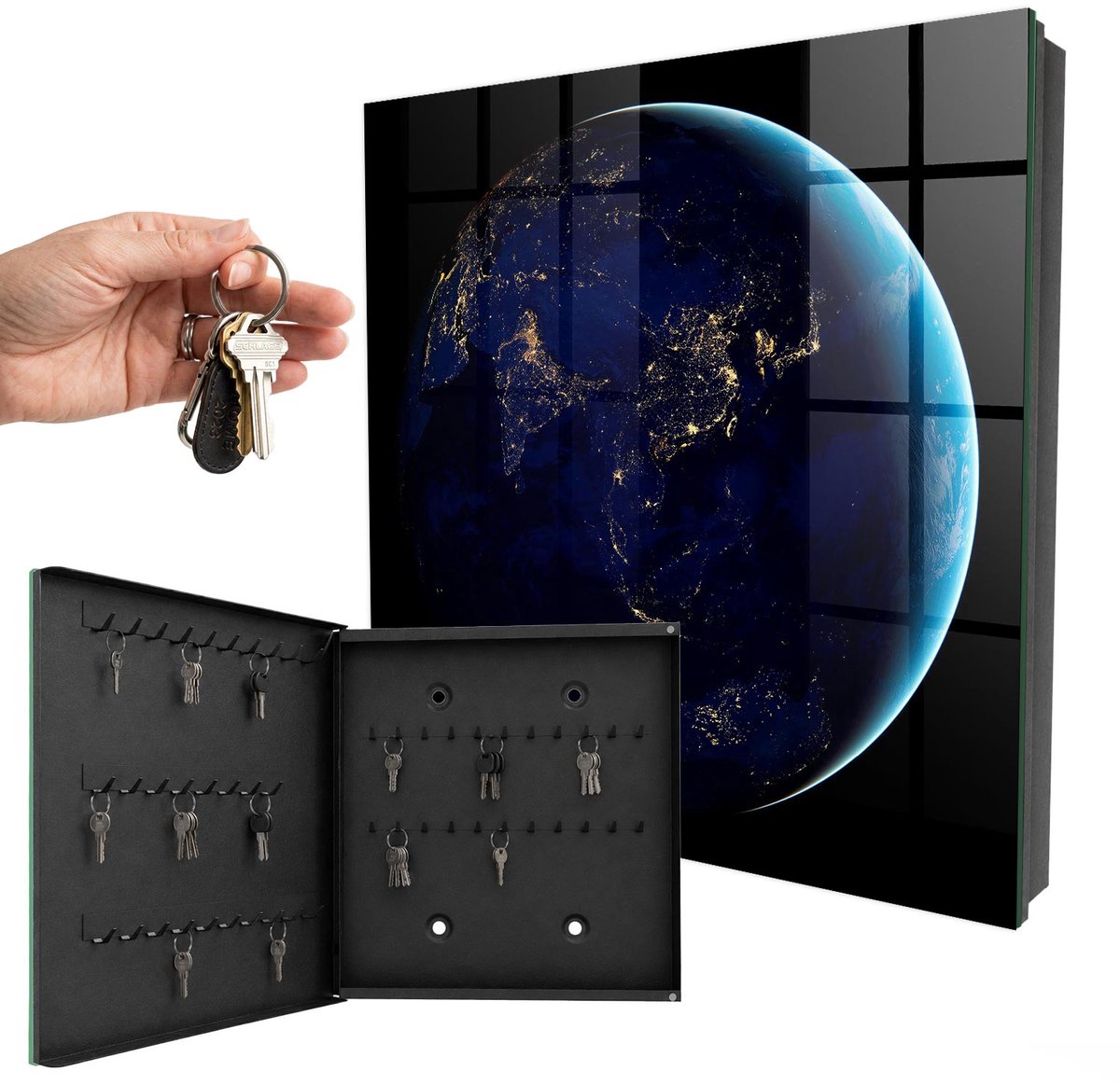 WallMuralia - Sleutelkast - 30x30x5 cm - met 50 haken - Nacht Aarde Sleutelkastje Huis - Marine Sleutelbox - Linksopenend - Zwart interieur