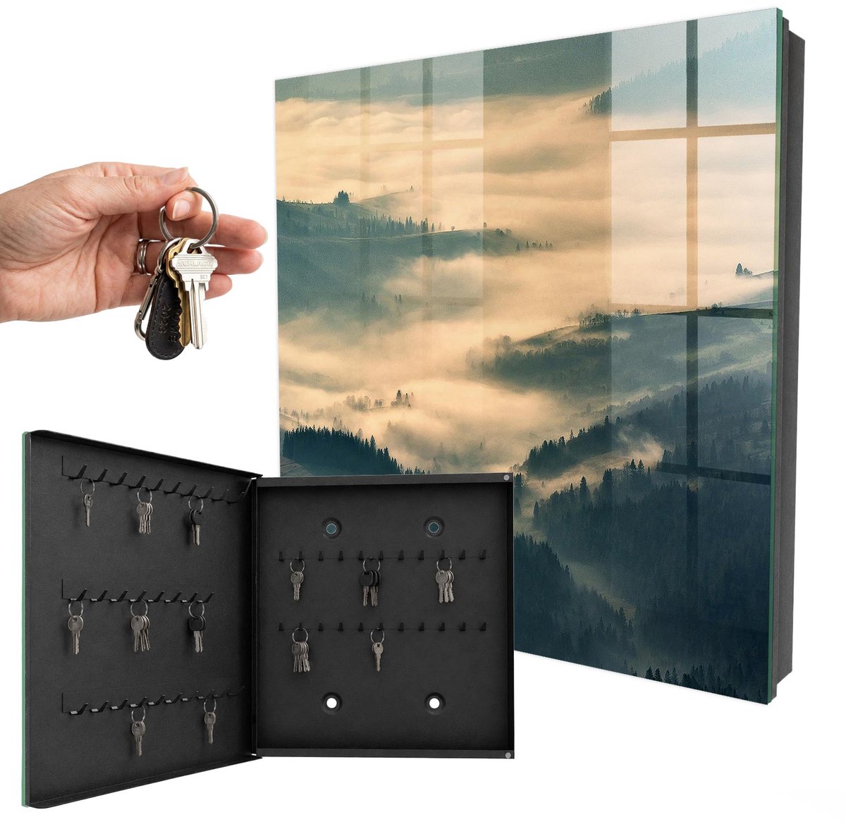 WallMuralia - Sleutelkast - 30x30x5 cm - met 50 haken - Mistige Heuvels Design Sleutelkastje - Grijs Sleutelbox - Linksopenend - Zwart interieur