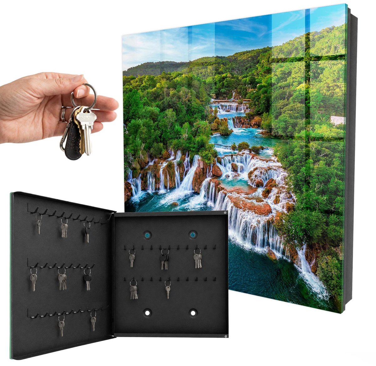 WallMuralia - Sleutelkast - 30x30x5 cm - met 50 haken - Natuurlijke Watervallen Sleutelkastje Landelijk - Groente Sleutelbox - Linksopenend - Zwart interieur