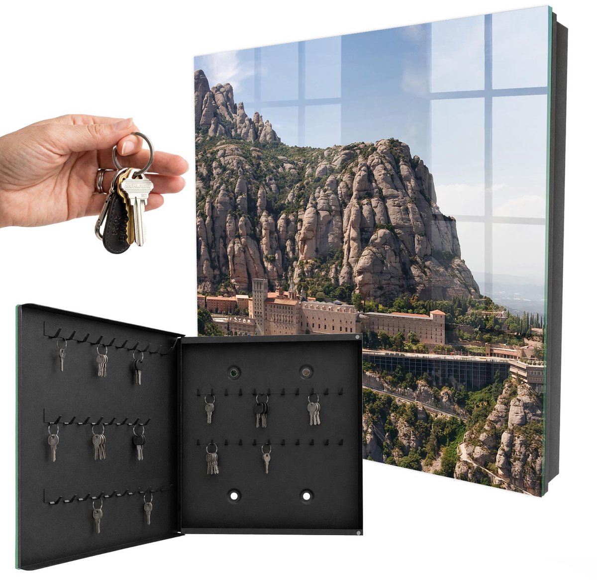 WallMuralia - Sleutelkast - 30x30x5 cm - met 50 haken - Bergarchitectuur Sleutelkastje Industrieel - Grijs Sleutelbox - Linksopenend - Zwart interieur
