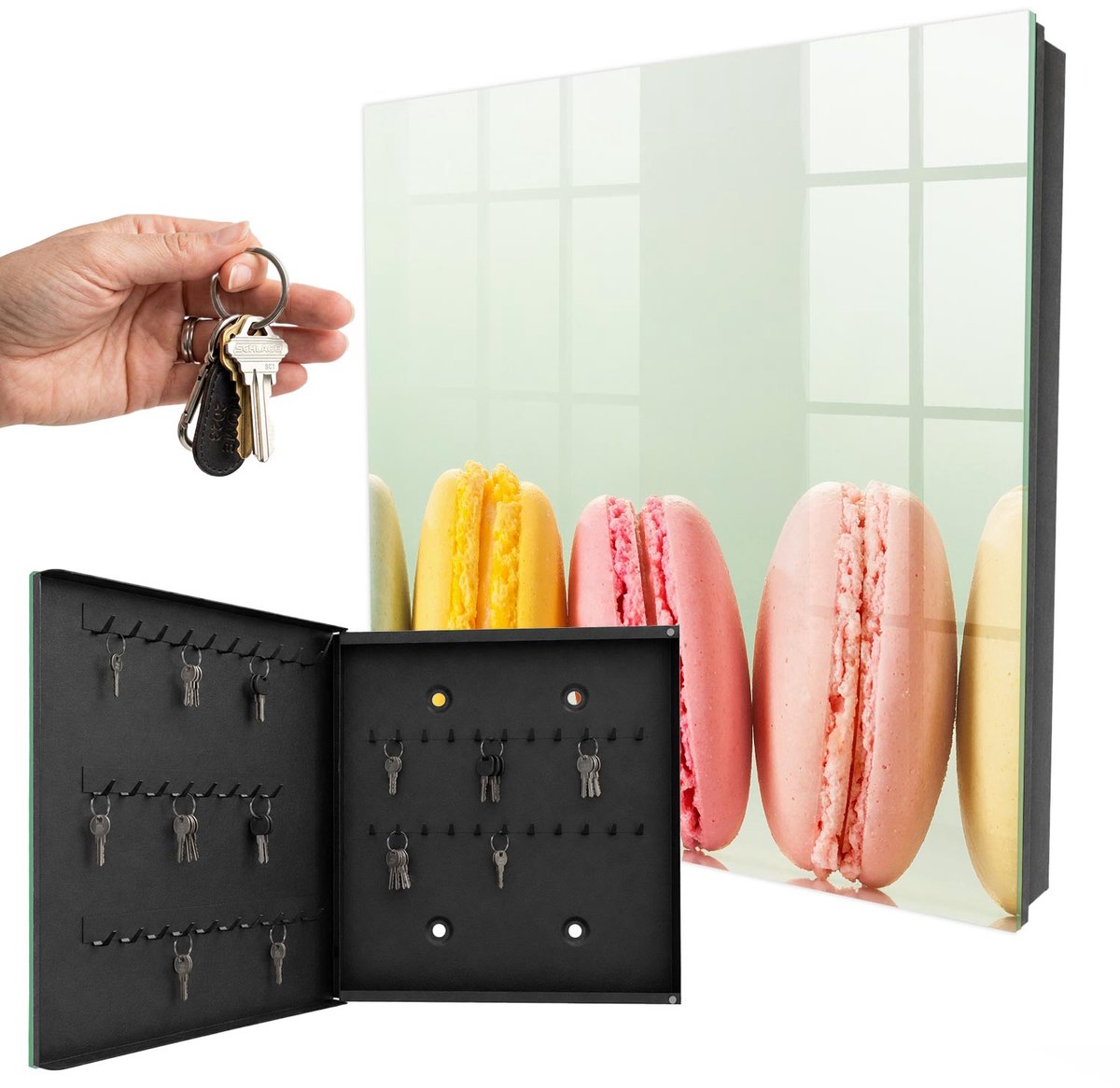 WallMuralia - Sleutelkast - 30x30x5 cm - met 50 haken - Kleurrijke Lekkernijen Sleutelkastje Design - Groente Sleutelbox - Linksopenend - Zwart interieur