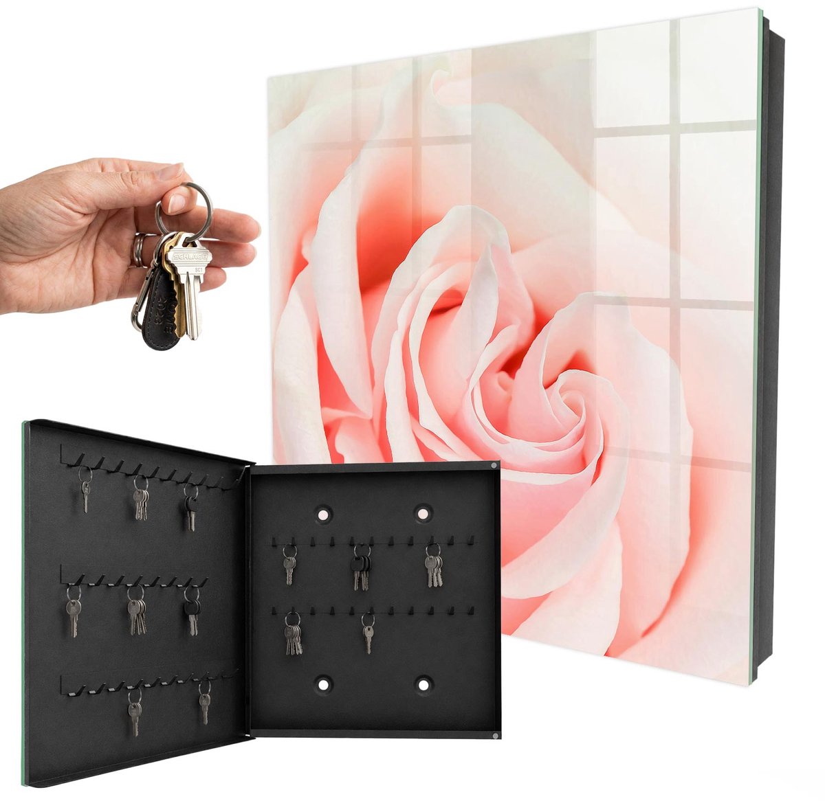 WallMuralia - Sleutelkast - 30x30x5 cm - met 50 haken - Romantische Roos Design Sleutelkastje - Roze Sleutelbox - Linksopenend - Zwart interieur