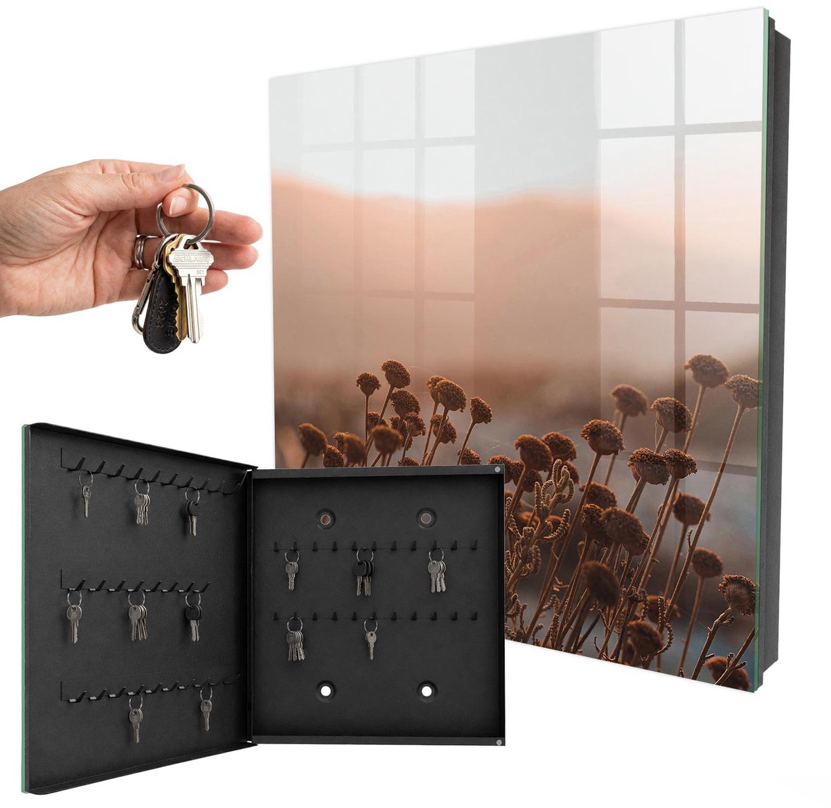 WallMuralia - Sleutelkast - 30x30x5 cm - met 50 haken - Herfstlandschap Sleutelkastje Design - Bruin Sleutelbox - Linksopenend - Zwart interieur