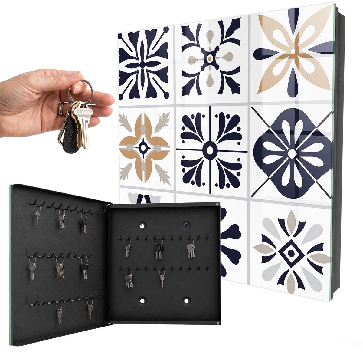 WallMuralia - Sleutelkast - 30x30x5 cm - met 50 haken - Geometrische Patronen Sleutelkastje Industrieel - Zwart Sleutelbox - Linksopenend - Zwart interieur