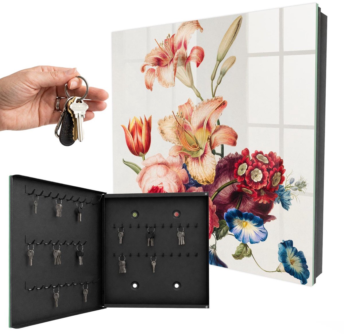 WallMuralia - Sleutelkast - 30x30x5 cm - met 50 haken - Kleurrijke Bloemen Sleutelkastje Design - Roze Sleutelbox - Linksopenend - Zwart interieur