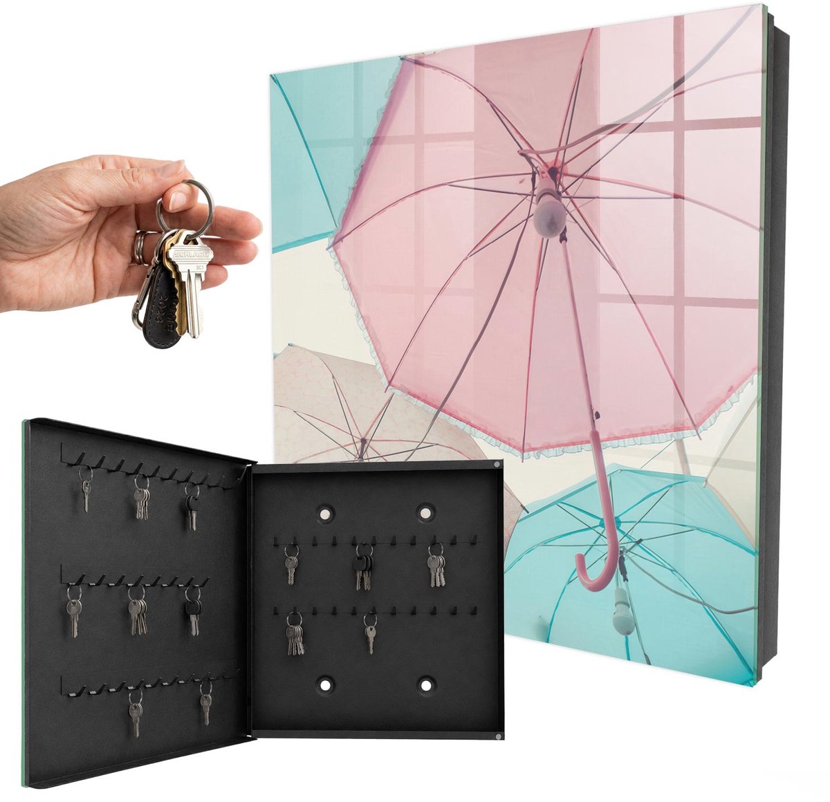 WallMuralia - Sleutelkast - 30x30x5 cm - met 50 haken - Pastelkleurige Paraplu'S Sleutelkastje Hal - Roze Sleutelbox - Linksopenend - Zwart interieur