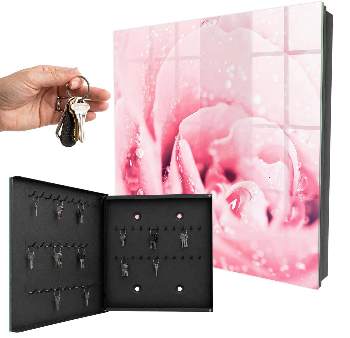 WallMuralia - Sleutelkast - 30x30x5 cm - met 50 haken - Rozen Delicatesse Sleutelkastje Klein - Roze Sleutelbox - Linksopenend - Zwart interieur