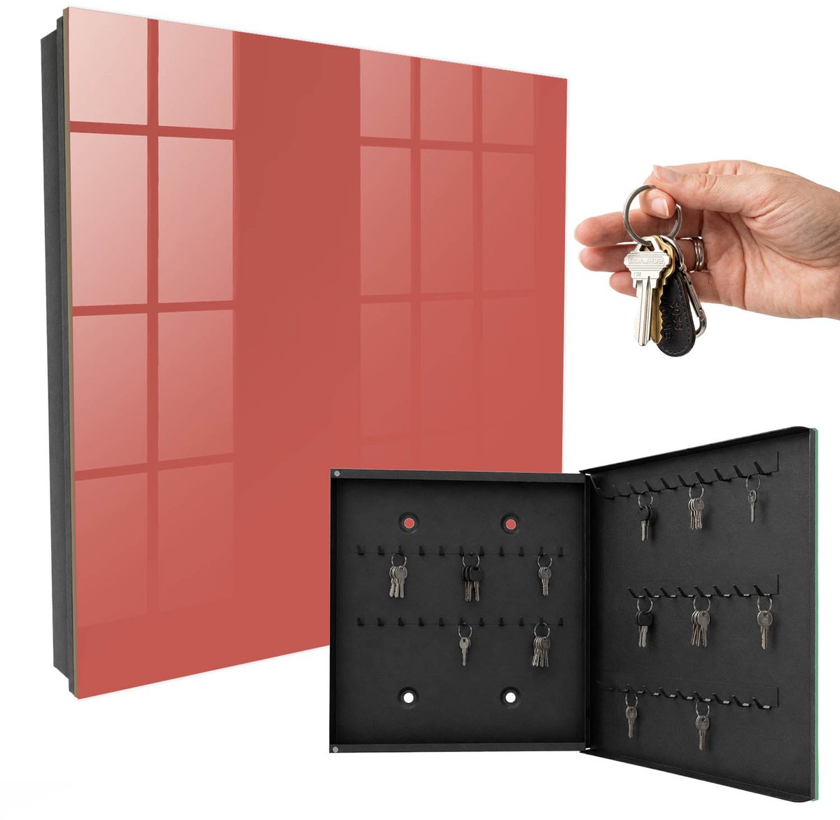 WallMuralia - Sleutelkast - 30x30x5 cm - met 50 haken - Donkere Zalm Sleutelkastje Modern - Zalm Sleutelbox - Rechtsopenend - Zwart interieur