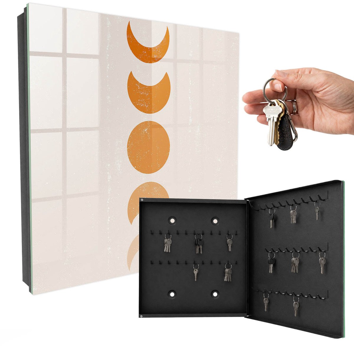 WallMuralia - Sleutelkast - 30x30x5 cm - met 50 haken - Maanfasen Sleutelkastje Huis - Oranje Sleutelbox - Rechtsopenend - Zwart interieur