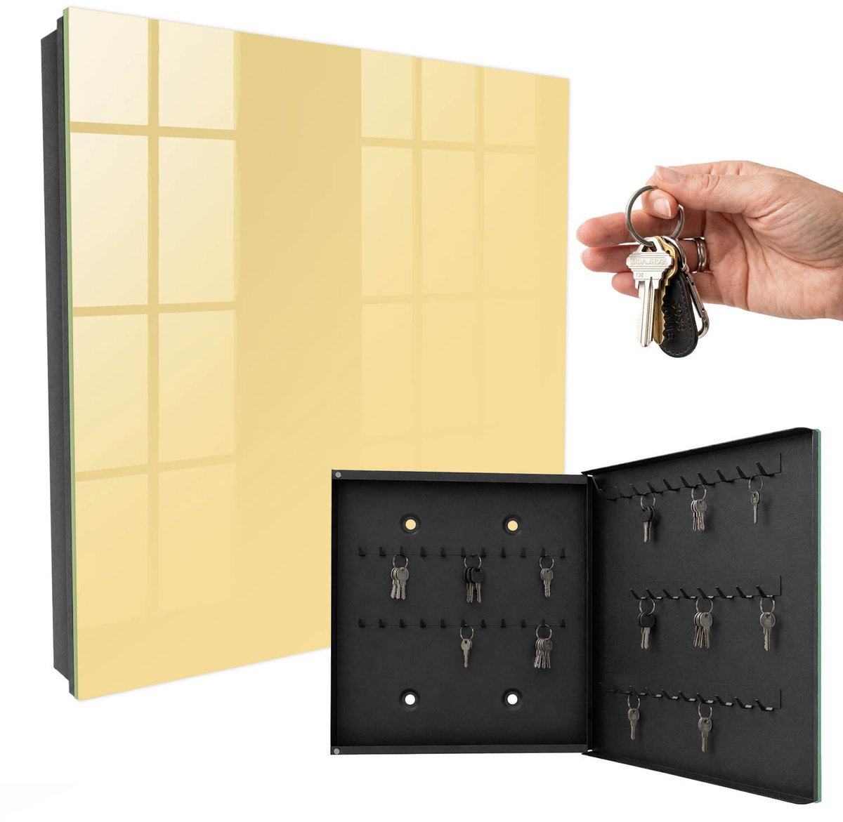 WallMuralia - Sleutelkast - 30x30x5 cm - met 50 haken - Crèmegeel Sleutelkastje Design - Romig Sleutelbox - Rechtsopenend - Zwart interieur