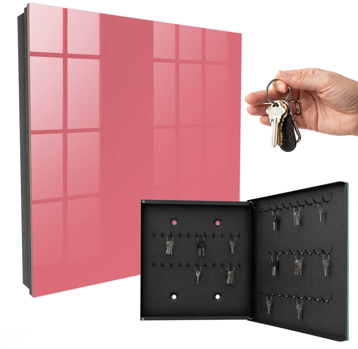 WallMuralia - Sleutelkast - 30x30x5 cm - met 50 haken - Zalmkleur Sleutelkastje Landelijk - Roze Sleutelbox - Rechtsopenend - Zwart interieur