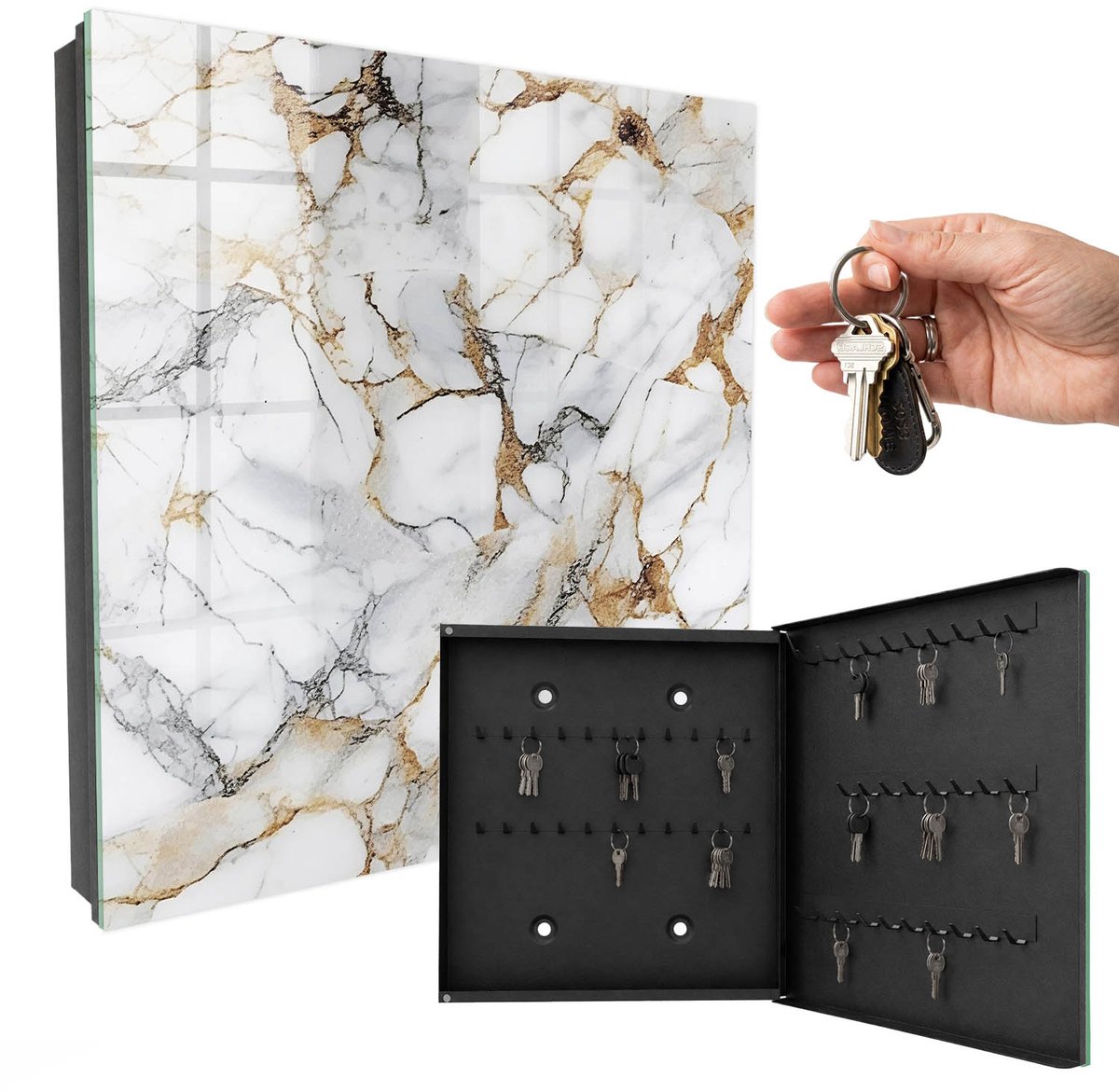 WallMuralia - Sleutelkast - 30x30x5 cm - met 50 haken - Marmeren Elegantie Design Sleutelkastje - Wit Sleutelbox - Rechtsopenend - Zwart interieur
