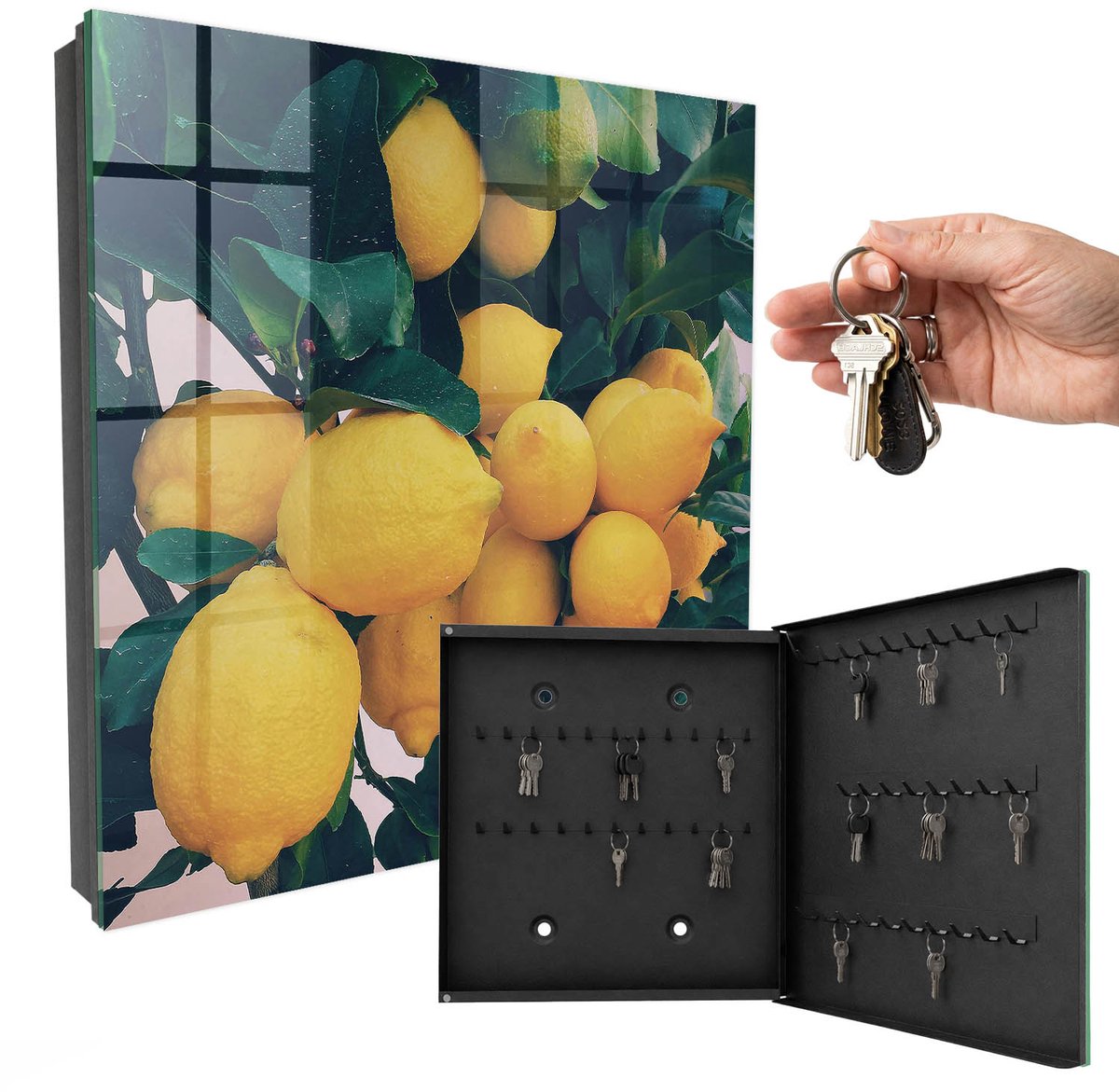WallMuralia - Sleutelkast - 30x30x5 cm - met 50 haken - Groene Bladeren Sleutelkastje Binnen - Groente Sleutelbox - Rechtsopenend - Zwart interieur