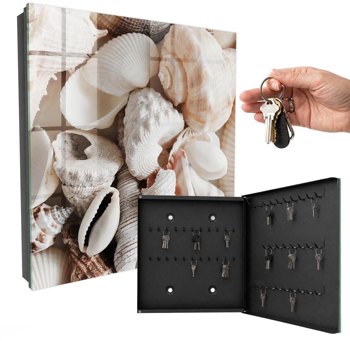 WallMuralia - Sleutelkast - 30x30x5 cm - met 50 haken - Harmonie Aan Zee Sleutelkastje - Wit Sleutelbox - Rechtsopenend - Zwart interieur