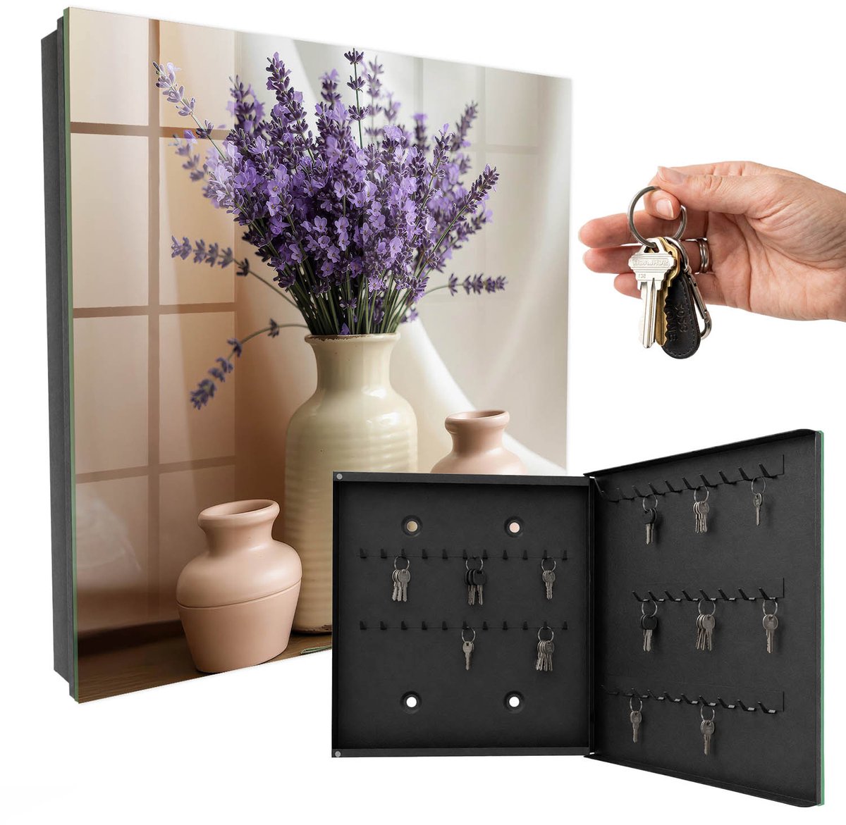 WallMuralia - Sleutelkast - 30x30x5 cm - met 50 haken - Bloemen In Een Vaas Leuk Sleutelkastje - Paars Sleutelbox - Rechtsopenend - Zwart interieur