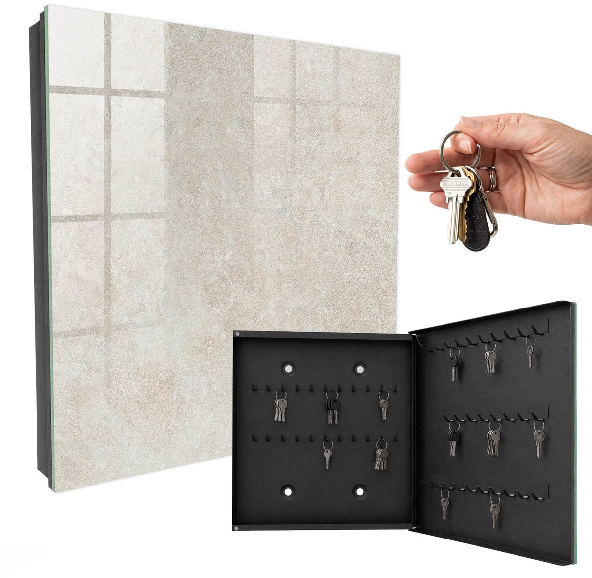 WallMuralia - Sleutelkast - 30x30x5 cm - met 50 haken - Fijne Zandsteen Sleutelkastje Gang - Beige Sleutelbox - Rechtsopenend - Zwart interieur