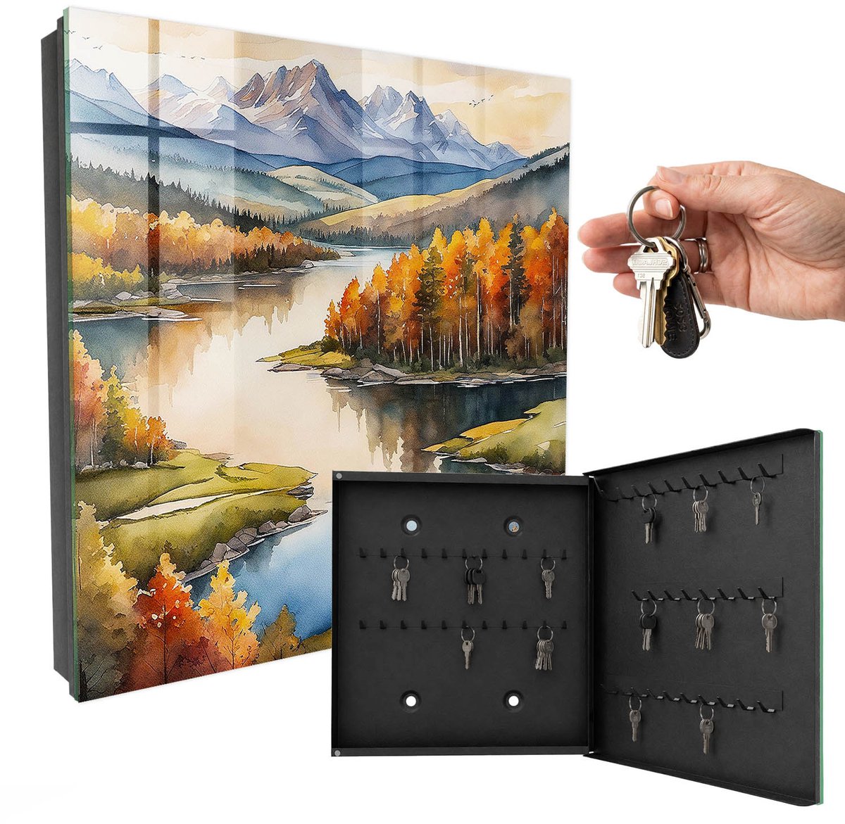 WallMuralia - Sleutelkast - 30x30x5 cm - met 50 haken - Herfstbergen Sleutelkastje Industrieel - Oranje Sleutelbox - Rechtsopenend - Zwart interieur