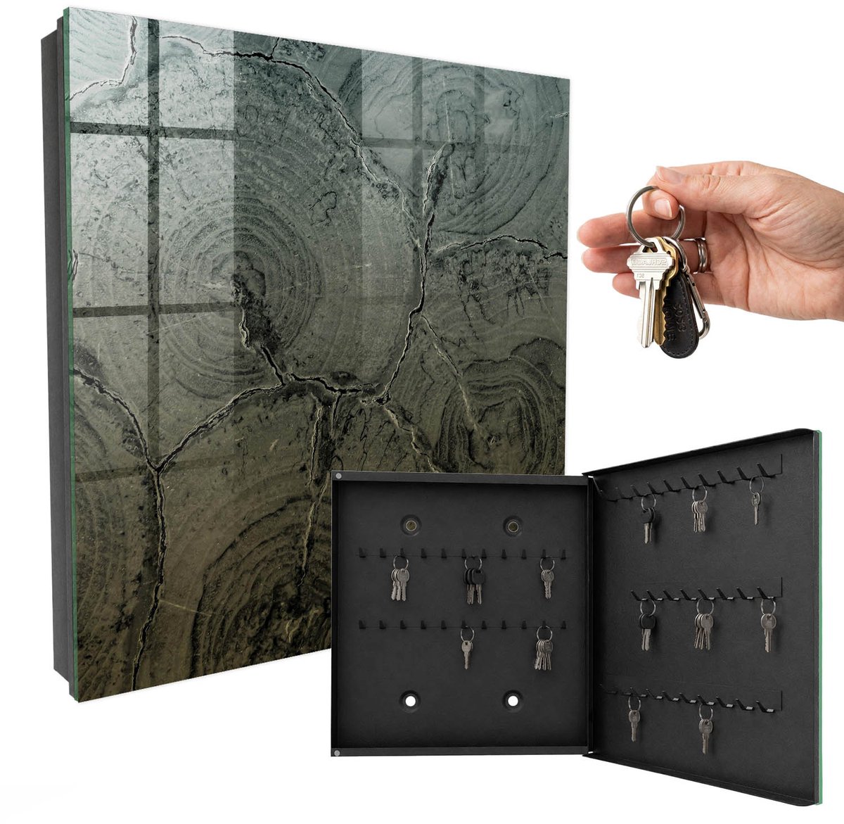 WallMuralia - Sleutelkast - 30x30x5 cm - met 50 haken - Houten Constructie Sleutelkastje Binnen - Grijs Sleutelbox - Rechtsopenend - Zwart interieur