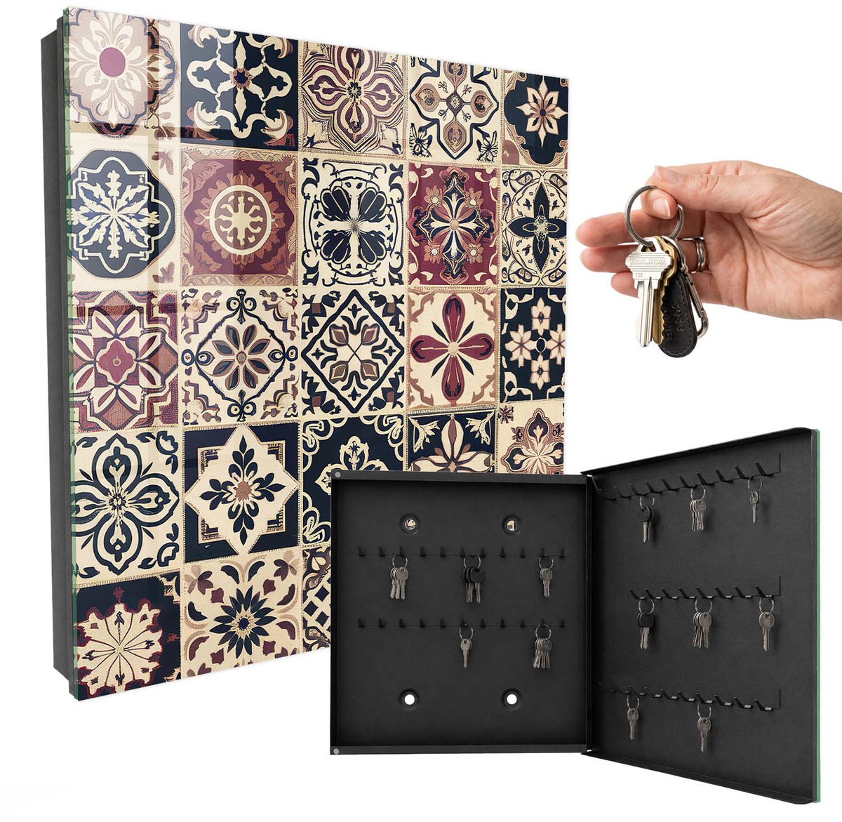 WallMuralia - Sleutelkast - 30x30x5 cm - met 50 haken - Klassieke Patronen Sleutelkastje Muur - Beige Sleutelbox - Rechtsopenend - Zwart interieur