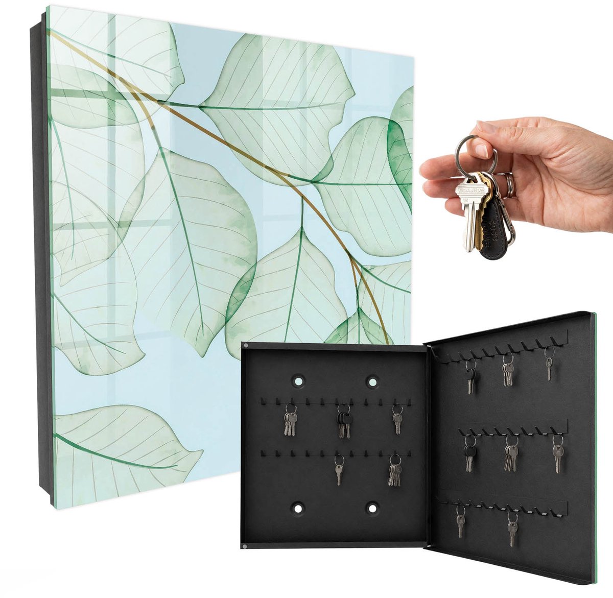 WallMuralia - Sleutelkast - 30x30x5 cm - met 50 haken - Groene Bladeren Sleutelkastje Klein - Groente Sleutelbox - Rechtsopenend - Zwart interieur