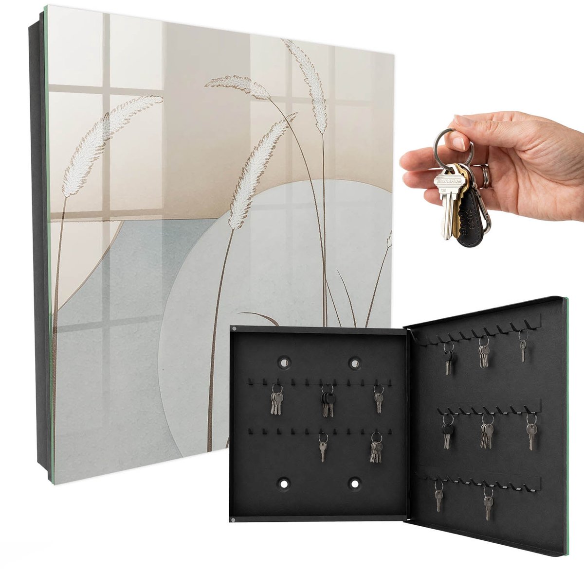 WallMuralia - Sleutelkast - 30x30x5 cm - met 50 haken - Natuurlijke Grassen Sleutelkastje Gang - Beige Sleutelbox - Rechtsopenend - Zwart interieur