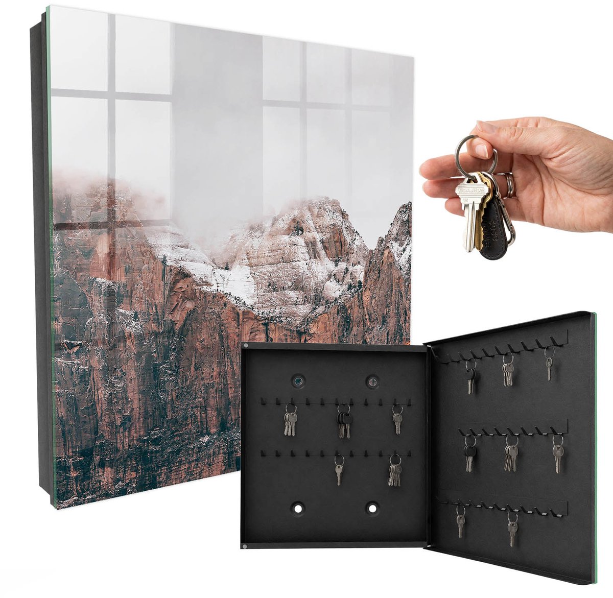 WallMuralia - Sleutelkast - 30x30x5 cm - met 50 haken - Bergstilte Sleutelkastje Landelijk - Bruin Sleutelbox - Rechtsopenend - Zwart interieur