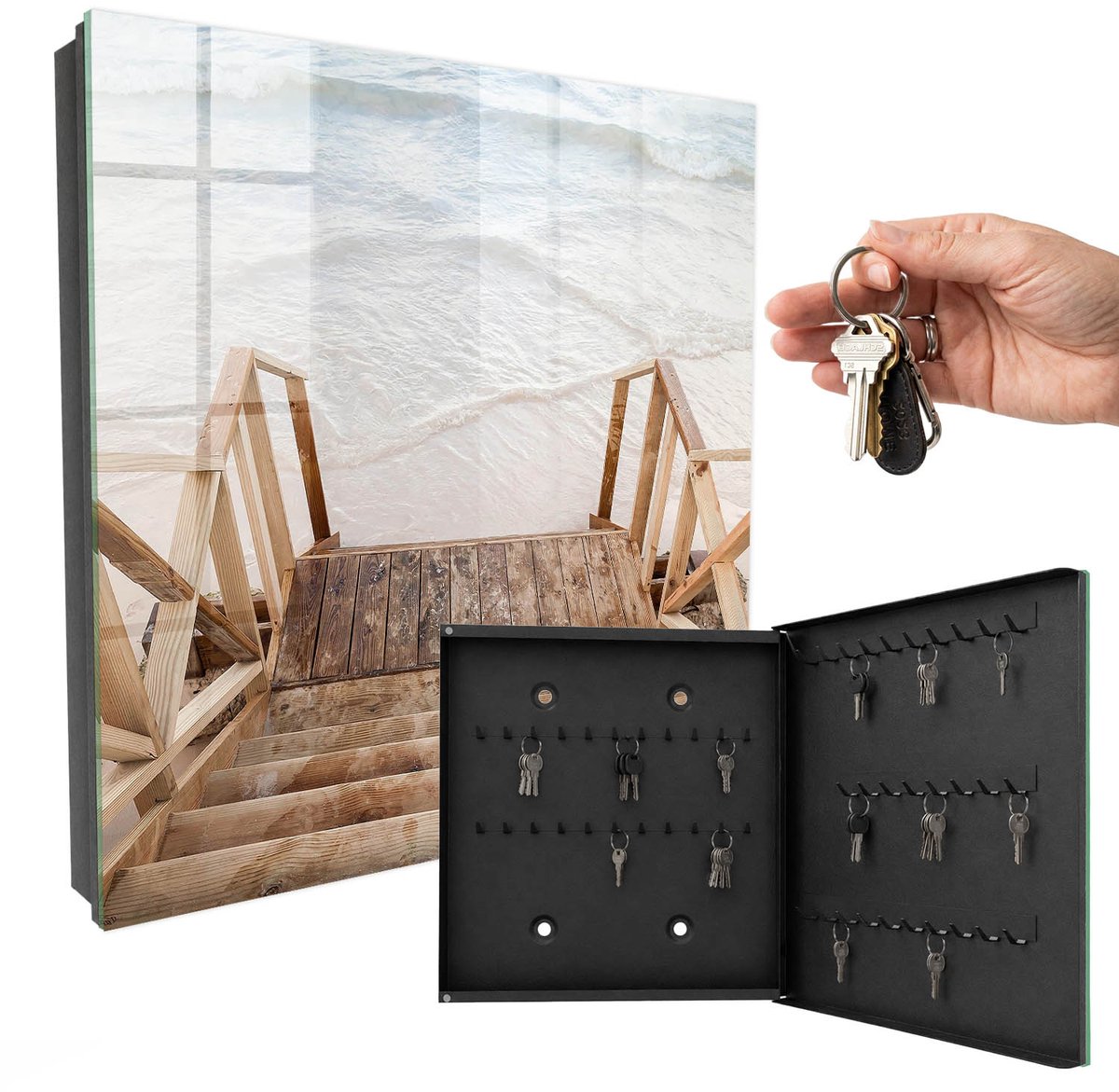 WallMuralia - Sleutelkast - 30x30x5 cm - met 50 haken - Rust Op Het Strand Design Sleutelkastje - Bruin Sleutelbox - Rechtsopenend - Zwart interieur