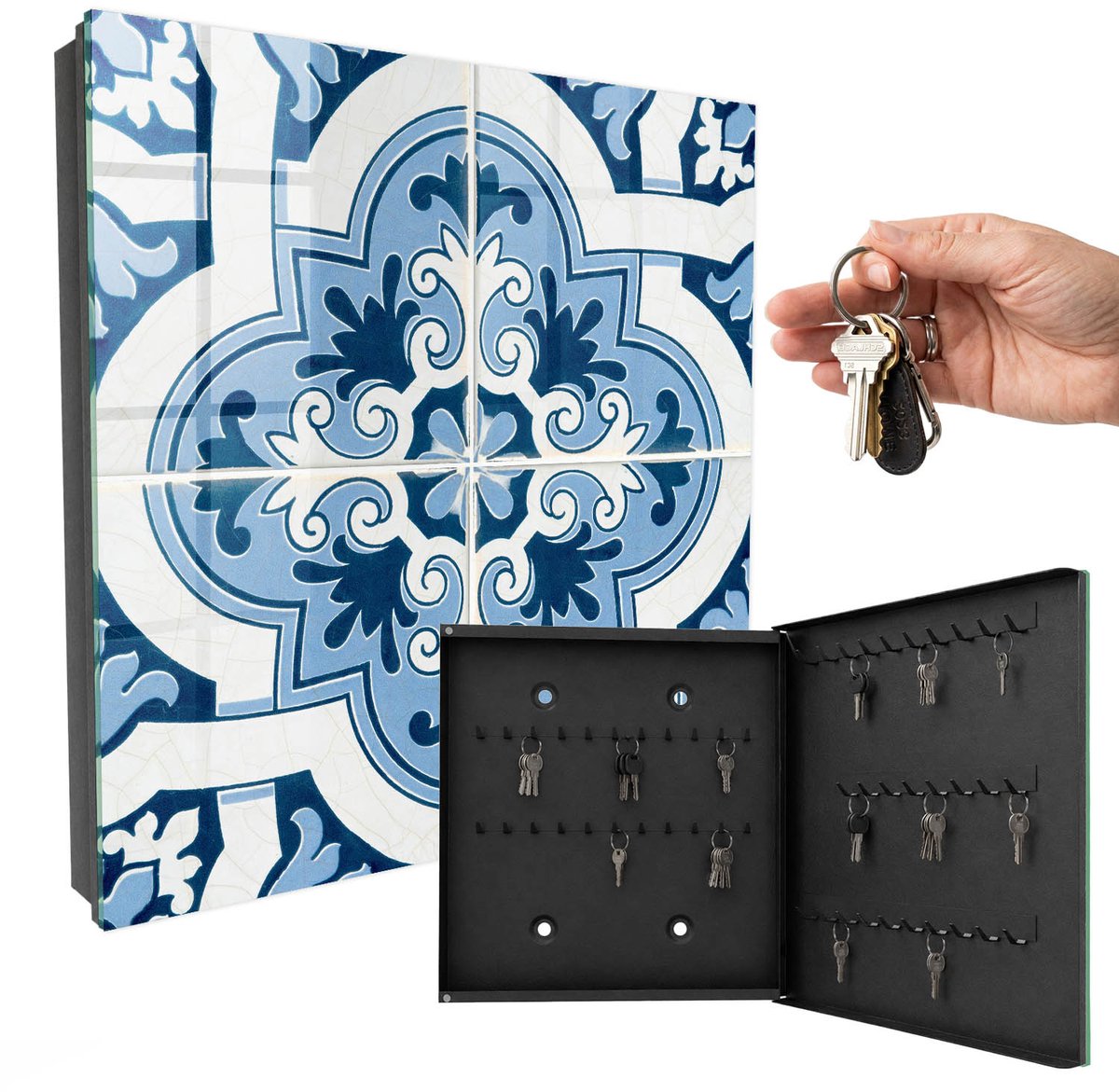 WallMuralia - Sleutelkast - 30x30x5 cm - met 50 haken - Blauwe Tegels Sleutelkastje Klein - Blauw Sleutelbox - Rechtsopenend - Zwart interieur