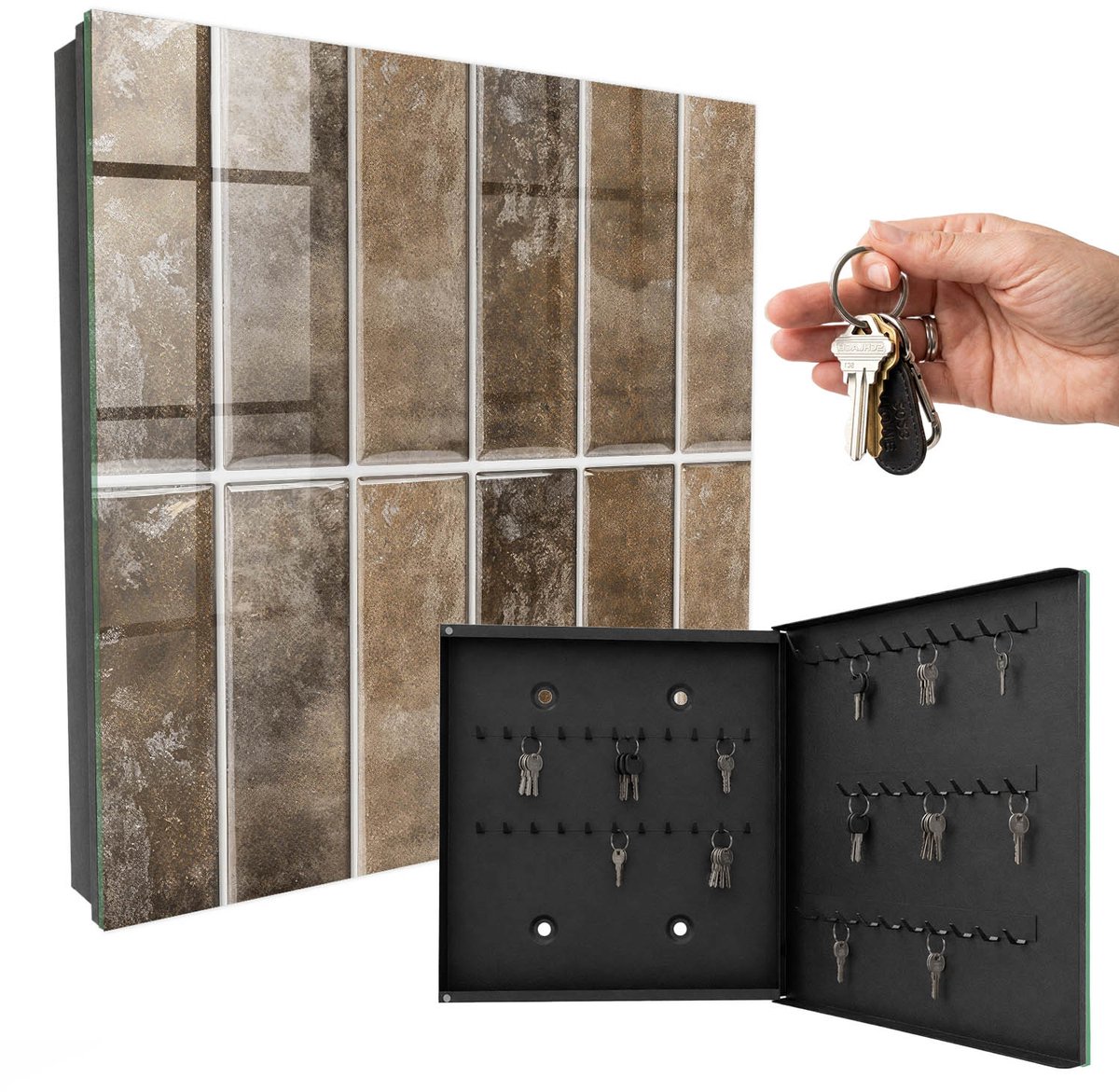 WallMuralia - Sleutelkast - 30x30x5 cm - met 50 haken - Warme Tegels Sleutelkastje Binnen - Bruin Sleutelbox - Rechtsopenend - Zwart interieur
