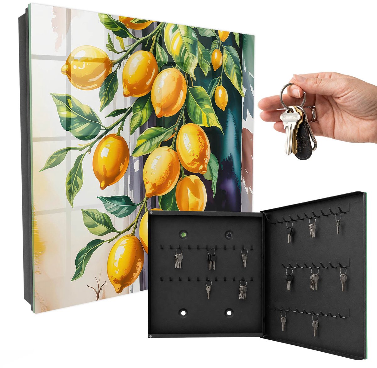 WallMuralia - Sleutelkast - 30x30x5 cm - met 50 haken - Citroen Charm Sleutelkastje Voor Binnen - Geel Sleutelbox - Rechtsopenend - Zwart interieur
