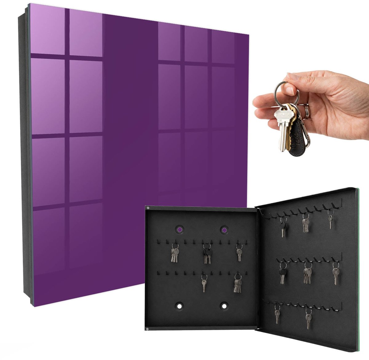 WallMuralia - Sleutelkast - 30x30x5 cm - met 50 haken - Sterk Paars Sleutelkastje Modern - Paars Sleutelbox - Rechtsopenend - Zwart interieur