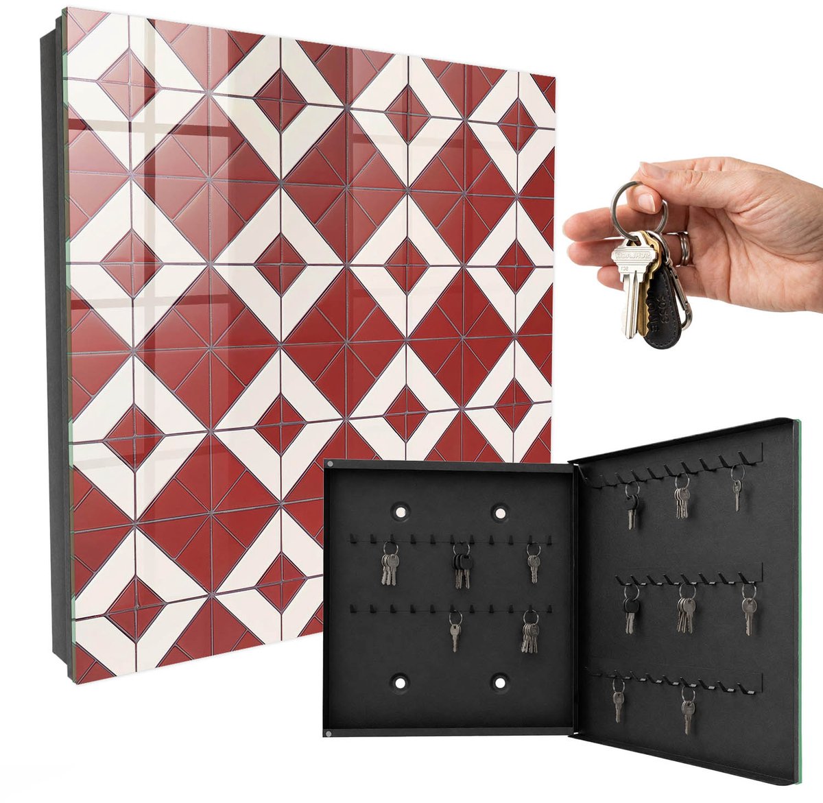 WallMuralia - Sleutelkast - 30x30x5 cm - met 50 haken - Rode Mozaïek Sleutelkastje Industrieel - Rood Sleutelbox - Rechtsopenend - Zwart interieur