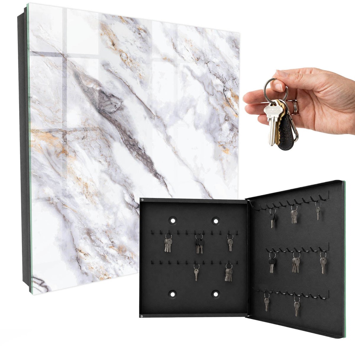 WallMuralia - Sleutelkast - 30x30x5 cm - met 50 haken - Marmeren Elegantie Sleutelkastje Landelijk - Wit Sleutelbox - Rechtsopenend - Zwart interieur
