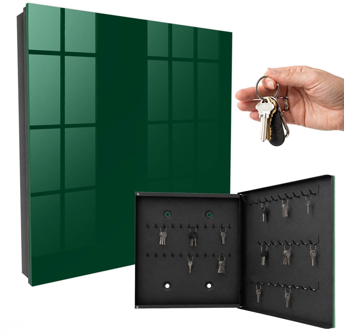 WallMuralia - Sleutelkast - 30x30x5 cm - met 50 haken - Flesgroen Sleutelkastje Design - Groente Sleutelbox - Rechtsopenend - Zwart interieur