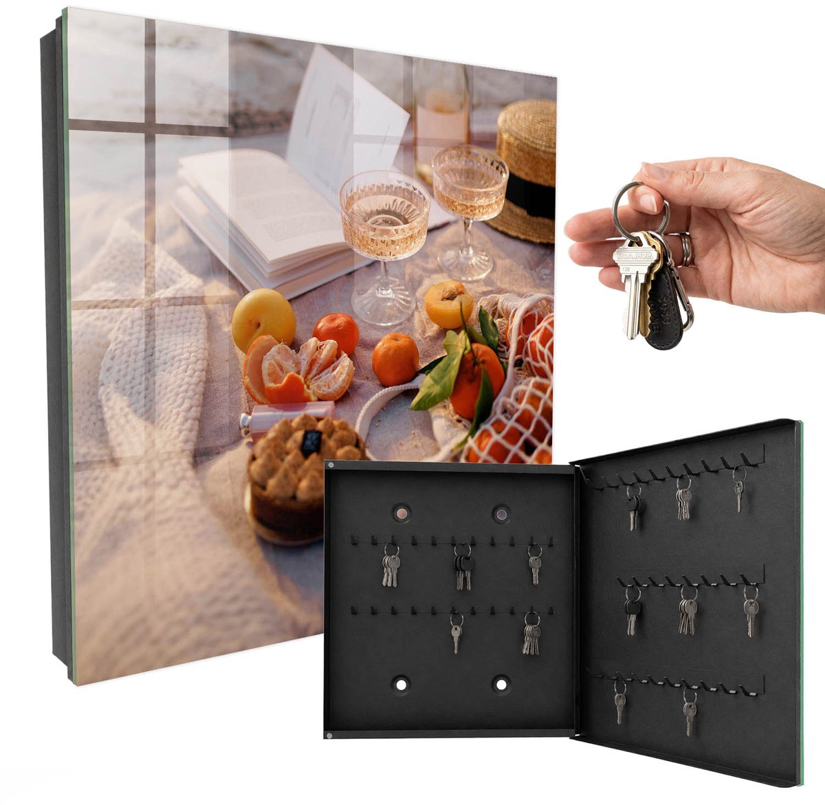 WallMuralia - Sleutelkast - 30x30x5 cm - met 50 haken - Zomerpicknick Sleutelkastje Design - Oranje Sleutelbox - Rechtsopenend - Zwart interieur