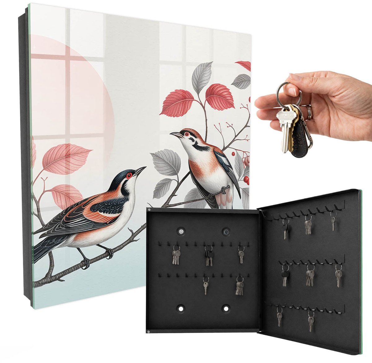 WallMuralia - Sleutelkast - 30x30x5 cm - met 50 haken - Vogels Natuur Sleutelkastje Voor Binnen - Rood Sleutelbox - Rechtsopenend - Zwart interieur