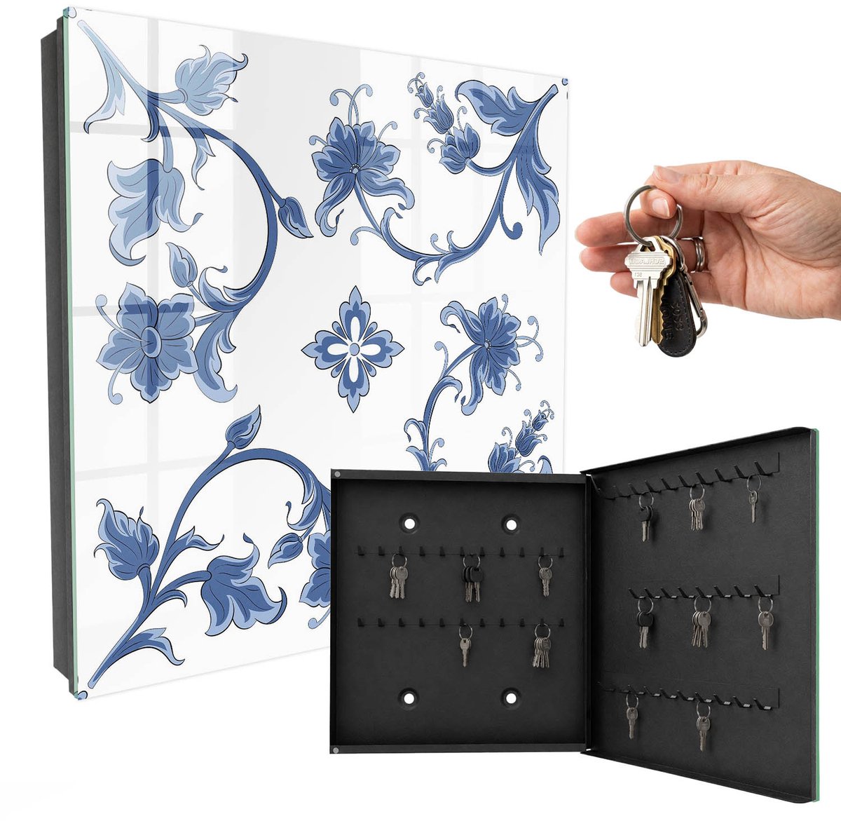 WallMuralia - Sleutelkast - 30x30x5 cm - met 50 haken - Bloemmotieven Sleutelkastje Hal - Blauw Sleutelbox - Rechtsopenend - Zwart interieur