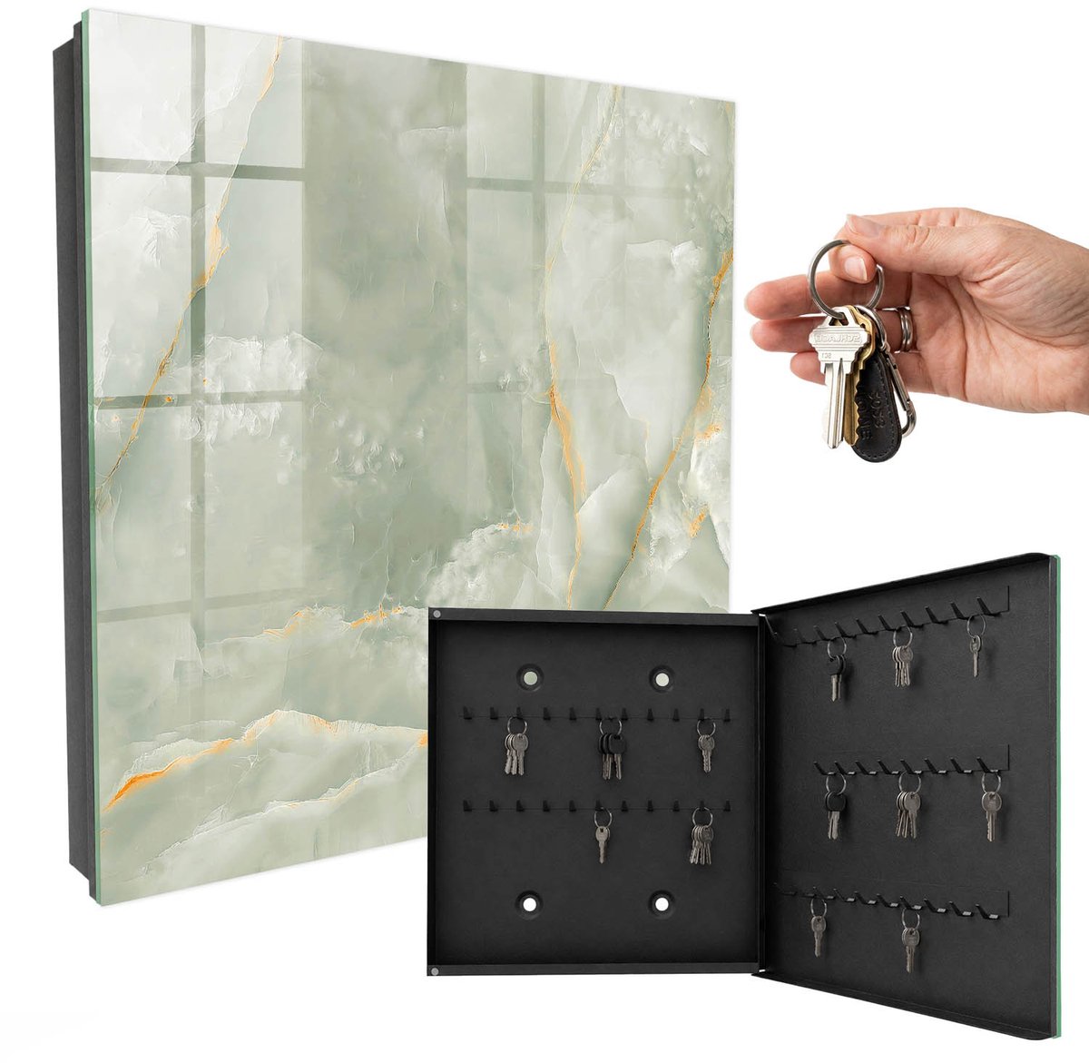 WallMuralia - Sleutelkast - 30x30x5 cm - met 50 haken - Elegante Textuur Sleutelkastje Industrieel - Romig Sleutelbox - Rechtsopenend - Zwart interieur