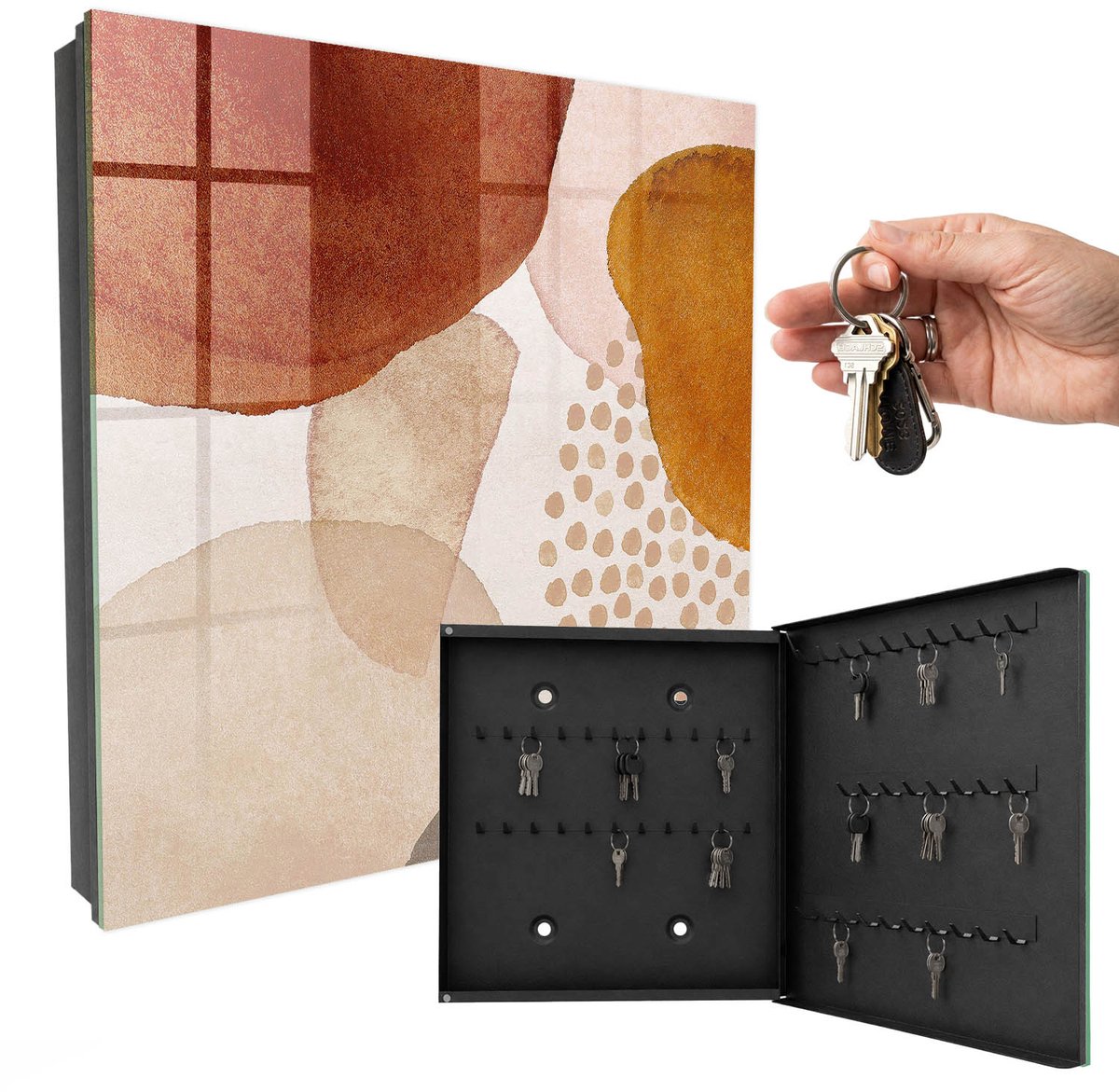 WallMuralia - Sleutelkast - 30x30x5 cm - met 50 haken - Abstracte Vlekken Sleutelkastje - Beige Sleutelbox - Rechtsopenend - Zwart interieur